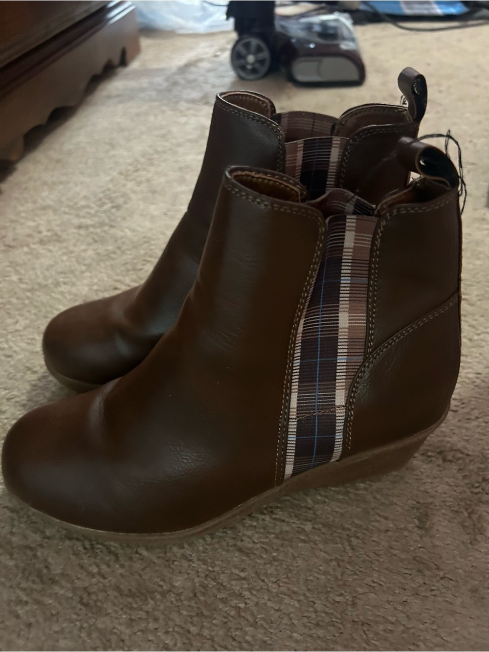 Women’s Brown Wedge Ankle Boots with Plaid Elastic Side